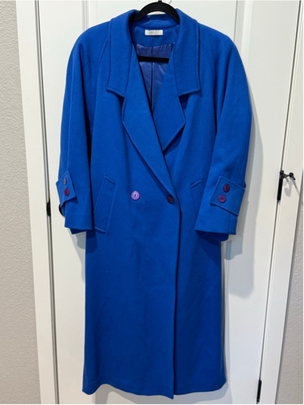 Women's PORTRAIT Vibrant Blue Wool Double-Breasted Long Coat Lined Back Belt